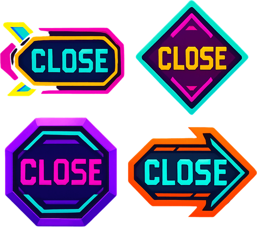 Close buttons random shapes & have text 'Close'. HD colors. Cyberpunk. Abstract. Different colors.
In-Game asset.  2d.  High contrast.  No shadows