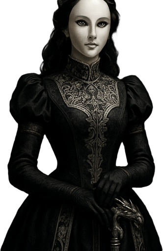 A regal yet enigmatic queen in a black and silver gown, wearing a porcelain mask with only her golden eyes visible. Female, 36 years old, tall and poised, dark wavy hair pinned in a jeweled crown, pale flawless skin. Her gloved hands rest on an ornate scepter with a dragon motif. She stands in a candle-lit throne room surrounded by veiled courtiers. Realistic, highly detailed, gothic royal style. realistic.
In-Game asset.  2d.  High contrast.  No shadows