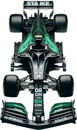Photorealistic f1 race car, Top view. Black and grassgreen painted body. White "Staike" text on rear wing. OK OK texts on front wing.