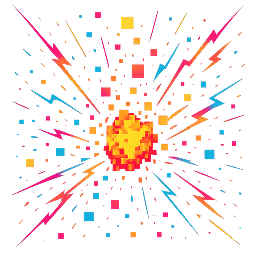 digital explosion. squares. pixels. chaos. neon. sparks.
In-Game asset.  2d.  High contrast.  No shadows