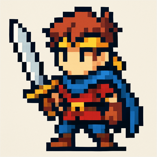 2d hero swordsman pixel sprite.
In-Game asset.  2d.  High contrast.  No shadows