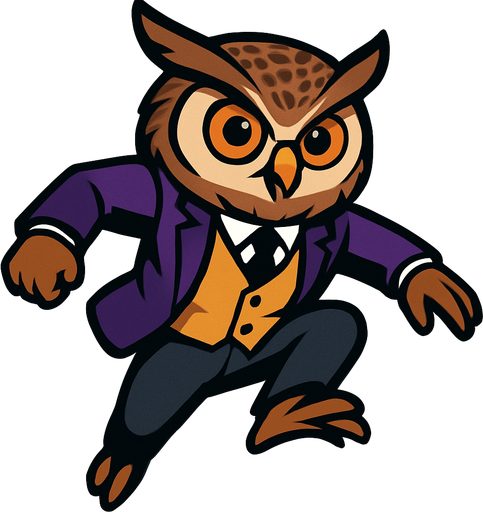 A stylized cartoon owl mascot with a sharp business suit, resembling a professional professor or detective. The owl has large expressive orange eyes, a speckled brown head, and detailed feathers. Its body is in mid-jump pose as if performing a parkour leap, arms slightly bent for momentum, legs tucked upward. The style is clean 2D vector art with high contrast, no shadows, and vibrant colors. Purple blazer, golden vest, black tie remain consistent. Background is blank. Focus on dynamic motion and confident energy, game-ready sprite texture.