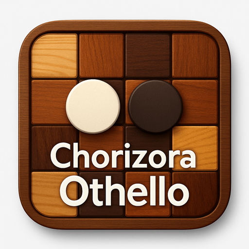 Modern App Store icon, high definition, square with rounded corners, different othello game squares cells of wood, different wood, different colors, HD colors, for a game titled "Chorizora Othello" and without the description "A territorial strategy game where players flip opponent pieces by trapping them between their own pieces on a 10x10 grid.". with text on the middle of the icon "Chorizora Othello"!