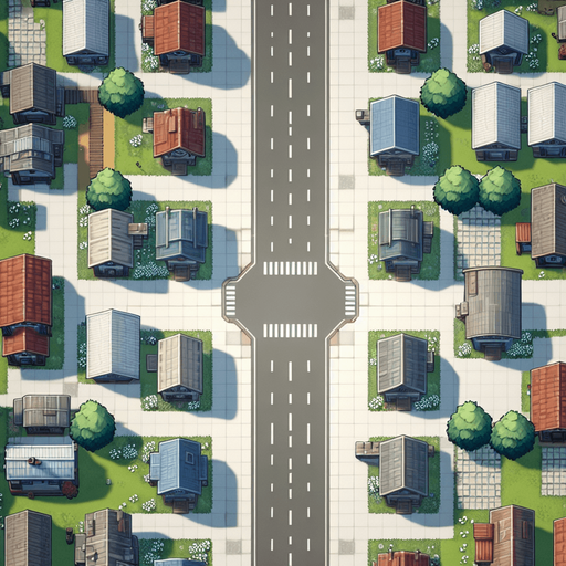 a two way road with houses upper view two d.
Single Game Texture.  In-Game asset.  2d.  Blank background.  High contrast.  No shadows