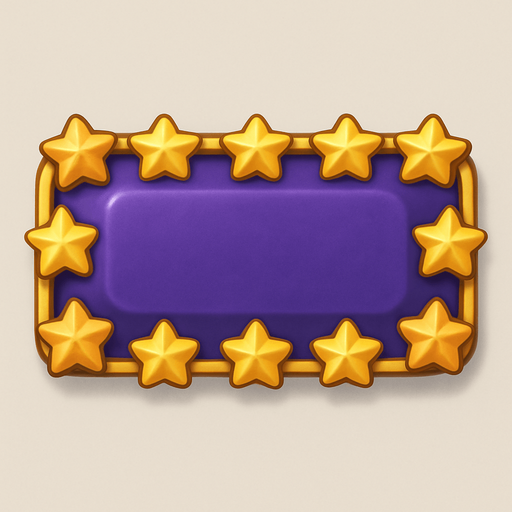 A button without text, background color #480070. A border of golden stars. This is a majestic button. 350 px wide, 100px high. Cute soft graphics. soft ambient light. semi-matte to satin surfaces. naturalistic with slight saturation boost colors. 
In-Game asset.  2d.  High contrast.  No shadows. top down.