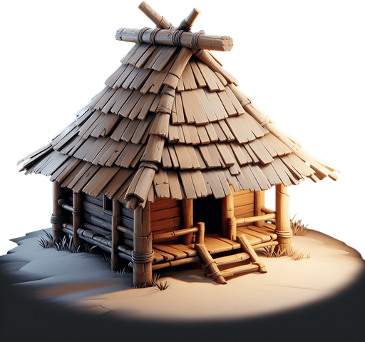 Kulübe.
Single Game Texture.  In-Game asset.  2d.  Blank background.  High contrast.  No shadows