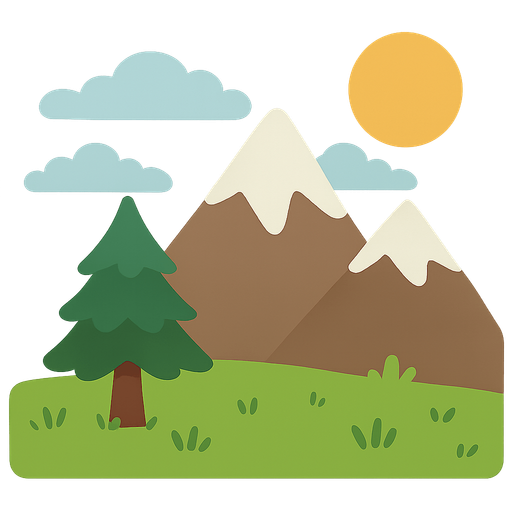 arka planda sağ üst köşede güneş var. arka planda oyunun üst kısmında soldan sağa hareket eden bulutlar var. ve arka planda kocaman dağlar var ve üst kısımları karlarla kaplı. arka planda oyuncuya yakın ağaç ve çimler bulunmakta. No background. Transparent background. Blank background. No shadows. 2d. In-Game asset. flat