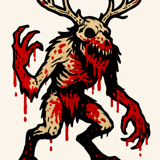 a wendigo with blood.
In-Game asset.  2d.  High contrast.  No shadows