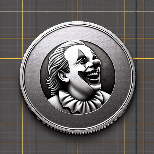 silver coin with clown image.
Single Game Texture.  In-Game asset.  2d.  Blank background.  High contrast.  No shadows