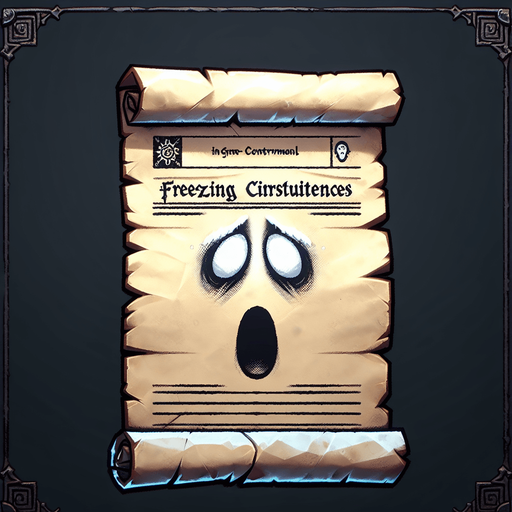 a pergament letter with the name "freezing Circumstances". It has a very froozen shocked face on it. Single Game Texture. In-Game asset. 2d. Blank background. High contrast. No shadows.