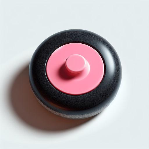 black curling stone with pink top, top view.