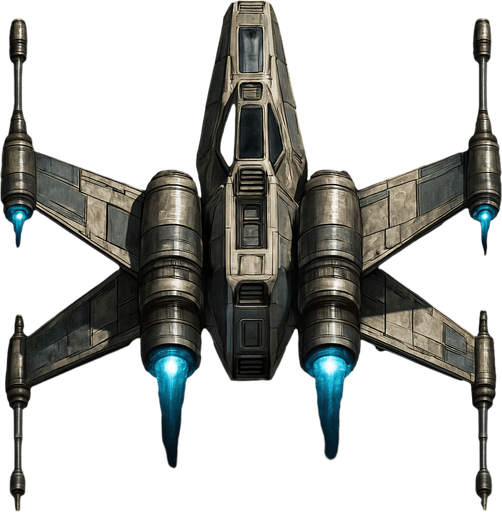 A detailed top-down view of a futuristic sci-fi starfighter inspired by classic space opera aesthetics. The ship has an X-shaped wing configuration with sleek, metallic surfaces, engine nacelles on each wingtip, and a compact central cockpit. The design features weathered textures, battle scars, and glowing blue thrusters. The wings are equipped with small laser cannons at the ends. The background is deep space with stars and a distant nebula. The ship appears to be flying or hovering, with subtle lighting and shadows to enhance depth. Highly detailed, concept art style, 4K resolution. Original and copyright-safe, inspired by retro starfighter designs..
In-Game asset.  2d.  High contrast.  No shadows