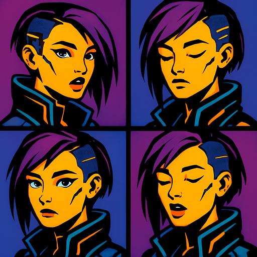 Cyberpunk girl looking to the camera by side, the half upper part of it only not all body, different frames opened eyes opened mouth, closed eyes closed mouth, opened eyes closed mouth, closed eyes opened mouth, each frame in one image.
In-Game asset.  2d.  High contrast.  No shadows