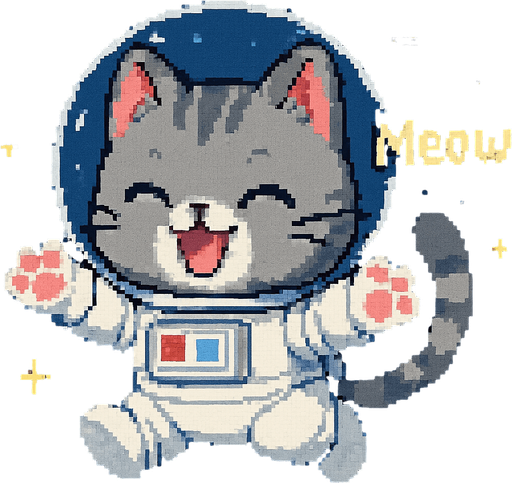A cute gray kitten, drawn in an adorable chibi anime style and wearing an astronaut suit, floats in outer space with its little paws outstretched as if reaching out for a hug. It meows sweetly, and the entire scene is illustrated in charming Pixel Art style.