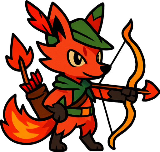 Um monstrinho Raposa+Lobó Guará+Robinwood do tipo Fogo inspirado em Pokémon e Digimon estilo Arqueiro.
In-Game asset.  2d.  High contrast.  No shadows