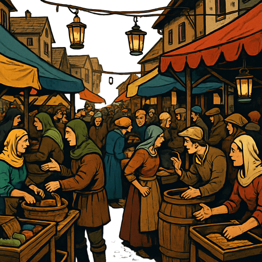 A crowded medieval street market with colorful tents, villagers bargaining, hanging lanterns, dirt road and wooden stalls, lively and rustic, realistic.
In-Game asset.  2d.  High contrast.  No shadows