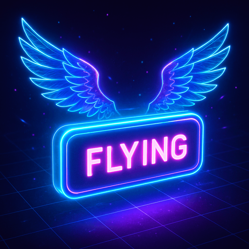 neon cyberpunk glowing FLYING button blue pink futuristic videogame hologram two feathered hologram wings off top