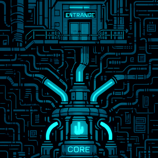 fondo de una fabrica de electricidad tecnologica futurista con muchos detalles en la cual en la parte superior esta la entrada y en la parte inferior esta el nucleo de la fabrica.
In-Game asset.  2d.  High contrast.  No shadows