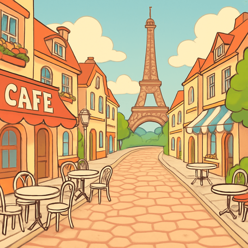 A charming cartoon-style Paris street scene with the Eiffel Tower, cobblestone roads, and café tables. Soft colors and romantic ambiance. Designed for an accordion-themed music game. Export as wide PNG..
In-Game asset.  2d.  High contrast.  No shadows
