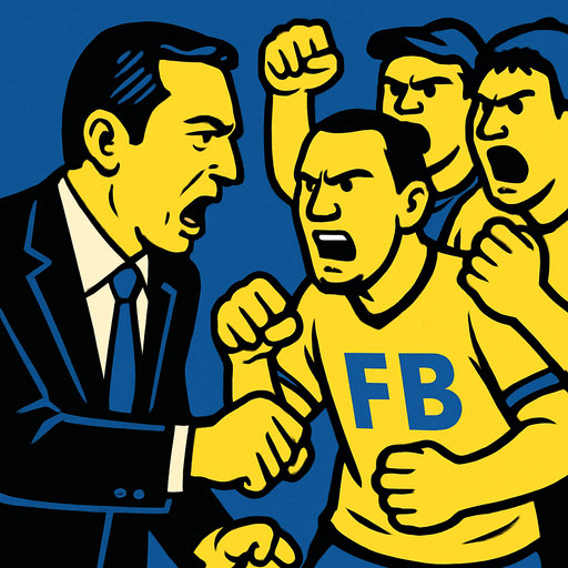 taraftarlarla kavga eden bir fenerbahce başkanı oluştur , başkan takım elbise giyiyor olsun , başkanın tipi ali koca benzesin .  taraftarlar da sarı fb forması giyen taraftar olsunlar.
In-Game asset.  2d.  High contrast.  No shadows