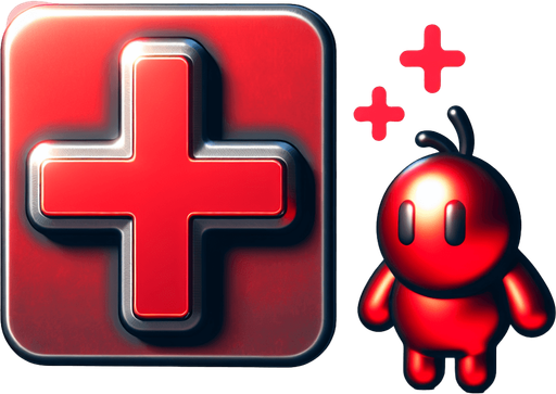 Steel matte finish red plus sign and a cute red character steel.
Single Game Texture. In-Game asset. 2d. Blank background. High contrast. No shadows.