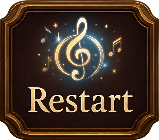 Design a stylish "Restart" button for a fantasy-themed tower defense game called Symphony Siege. The button should look like a polished UI element with a musical theme, fitting the visual style of a haunted concert hall.

Shape: rounded rectangle or ornate frame, with golden or bronze edges and a subtle wood or velvet texture background.

Icon: a circular restart arrow symbol (⟳ or similar), stylized like a treble clef or musical motif, glowing softly in white, gold, or blue.

Optional details: faint floating music notes, light reflections, or sparkles around the icon to suggest magical energy.

Text (optional): include the word "Restart" in elegant serif font, or leave it icon-only.

Make sure the design is readable at small sizes and fits with the existing UI style (clean, magical, classical). No clutter, no background image — just the button asset..
In-Game asset.  2d.  High contrast.  No shadows