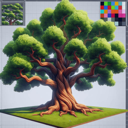 a tall, thick tree with many thick branches. full color..
Single Game Texture.  In-Game asset.  2d.  Blank background.  High contrast.  No shadows