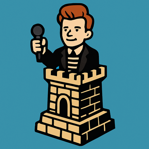 "Rickroller": A RickAstley tower holding a mic.
In-Game asset.  2d.  High contrast.  No shadows