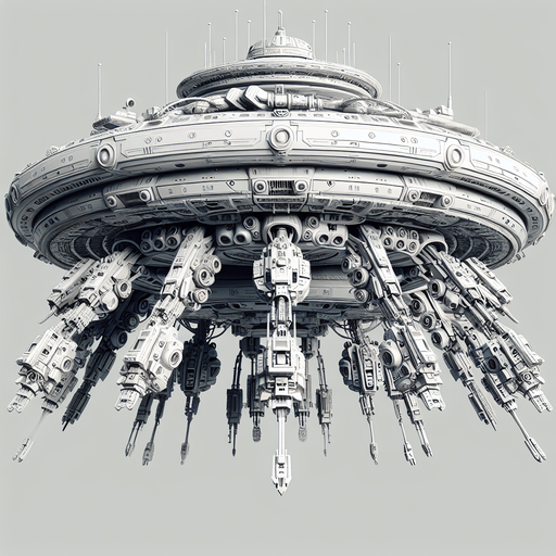 A ufo with weapons.
Single Game Texture.  In-Game asset.  2d.  Blank background.  High contrast.  No shadows