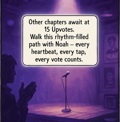 A vertical cinematic scene in a semi-realistic comic style with white photo-like borders. In the center, a spotlight shines down on a small empty stage inside a dimly lit club, hinting at anticipation. The atmosphere is emotional and moody, using purples and blues. A soft glow surrounds the narrator box in the center, which reads: “Other chapters await at 15 Upvotes. Walk this rhythm-filled path with Noah — every heartbeat, every tap, every vote counts.” The narrator box is rectangular with rounded edges, resembling a classic comic caption box. Background elements suggest quiet support — maybe a shadowy figure clapping, or faint posters of Noah. No characters shown clearly, just a stage awaiting the next act..
In-Game asset.  2d.  High contrast.  No shadows