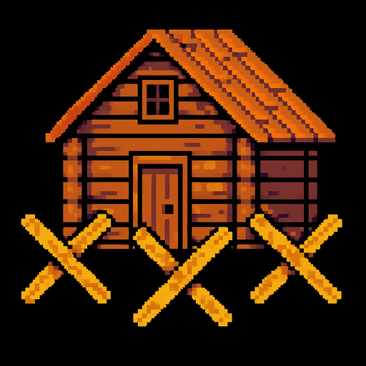 casa de madera con barricadas de pixeles.
In-Game asset.  2d.  High contrast.  No shadows