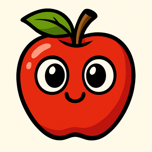 Manzana Fruta con ojos lindos.
In-Game asset.  2d.  High contrast.  No shadows. Cartoon.