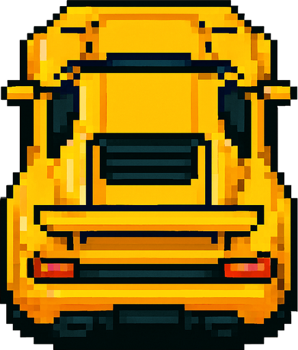 un auto amarillo deportivo con perspectiva desde arriba hecho con pixeles.
In-Game asset.  2d.  High contrast.  No shadows con perspectiva trasera