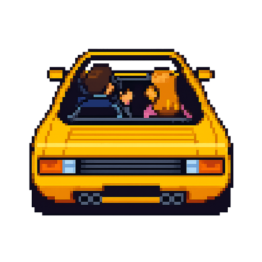 The red car from Out Run, the retro arcade game, vertical, lookip up, pixel  but now the car is of another color. There should be a man or a woman driver and a man or a lady on the copilot seat. Only draw the car the rest is transparent. Same perspective as the Out Run car.
In-Game asset.  2d.  High contrast.  No shadows