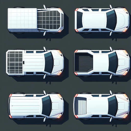 top down look on white civillian car no background vertical.
Single Game Texture.  In-Game asset.  2d.  Blank background.  High contrast.  No shadows