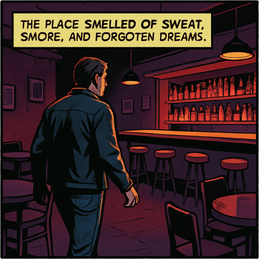 A comic panel styled like a square photo print with a clean white border. Realistic comic art. Scene: Inside a dimly lit bar, red and purple hues, empty chairs, bar counter glowing faintly. Noah walks in cautiously. Narrator box at the top reads: “The place smelled of sweat, smoke, and forgotten dreams.”.
In-Game asset.  2d.  High contrast.  No shadows