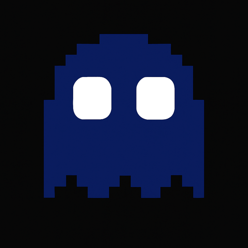 Pacman dark blue ghost with plain white eyes.
In-Game asset.  2d.  High contrast.  No shadows