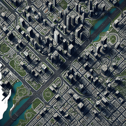 A top down view of a city.
Single Game Texture. In-Game asset. 2d. Blank background. High contrast. No shadows.