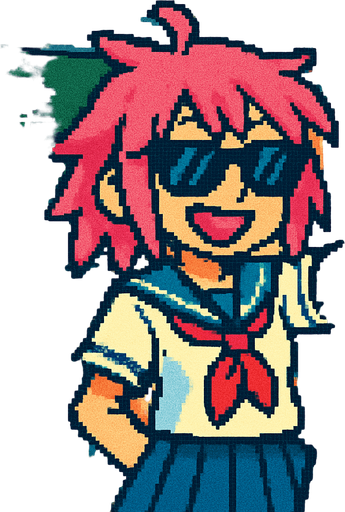 She’s a cute anime girl with a free-spirited and rebellious vibe. Her hair is pink, and she’s wearing a traditional Japanese school uniform (sailor fuku). She sports dark sunglasses and holds a skateboard in one hand while pointing with the other. Her face lights up with a big smile and mischievous pink eyes that match her hair. In the background, there's a Japanese classroom, and the entire artwork is done in Pixel Art style..
In-Game asset.  2d.  High contrast.  No shadows