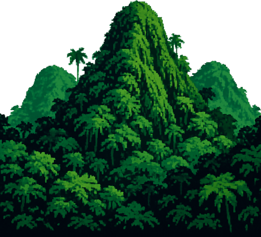 Generame una montañas de selva pixelar en fondo blanco, cercanas.
In-Game asset.  2d.  High contrast.  No shadows