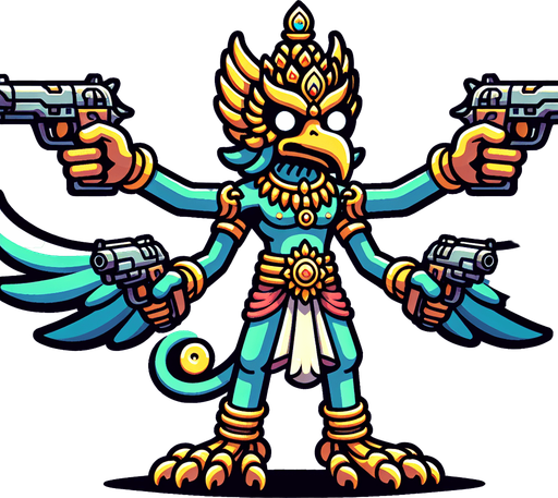 2d animation garuda man play shoot 2 gun 2 direction left and right.
Single Game Texture.  In-Game asset.  2d.  Blank background.  High contrast.  No shadows