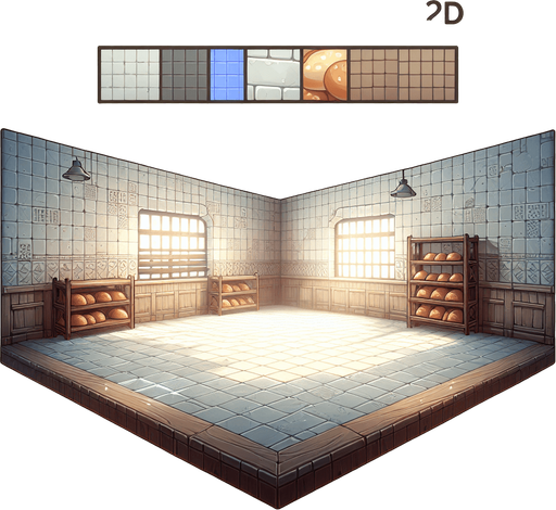 interieure de patiserie vide avec uniquement le sol et les murs.
Single Game Texture. In-Game asset. 2d. Blank background. High contrast. No shadows.