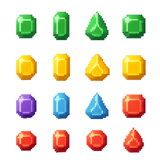 A spritesheet if same art style gems, pixel retro style, but with green, yellow, purple, blue, red colours..
In-Game asset.  2d.  High contrast.  No shadows
