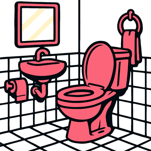 A bathroom with a pink toilet.
In-Game asset.  2d.  High contrast.  No shadows