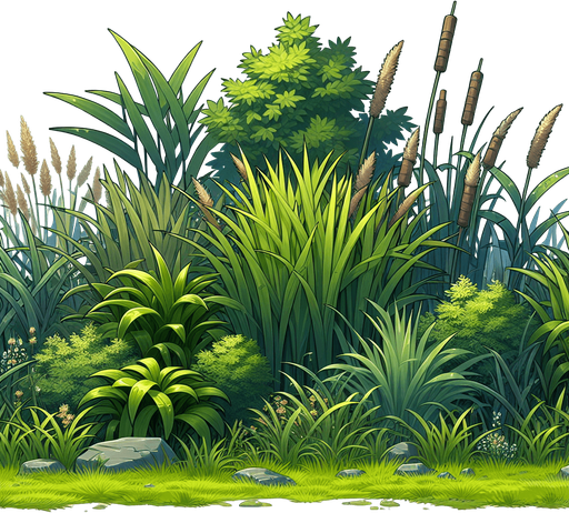 Grass and reeds foreground layer for endless runner.
Single Game Texture. In-Game asset. 2d. Blank background. High contrast. No shadows.
