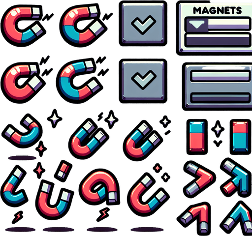 A sprite sheet of magnets.
Single Game Texture. In-Game asset. 2d. Blank background. High contrast. No shadows.