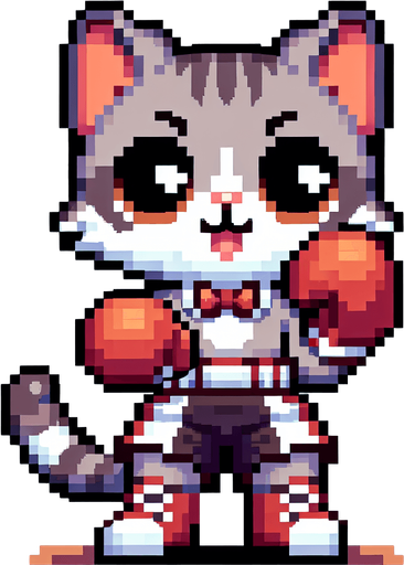 a cute anthropomorphic cat wearing boxing shorts and boxing gloves, pixel art
Single Game Texture. In-Game asset. 2d. Blank background. High contrast. No shadows.