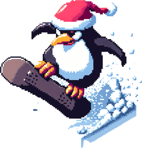 Giant angry penguin snowboarder wearing a red santa hat. top-view. gta 2. seen from above. Single Game Texture. In-Game asset. 2d. Blank background. High contrast. No shadows. pixelated. 8 bit.
A