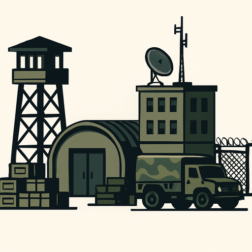 Askeri üs - gerçekçi, yazısız, yandan görünüm.
In-Game asset.  2d.  High contrast.  No shadows