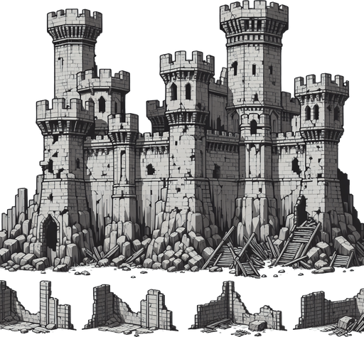 Château fort détruit.
Single Game Texture. In-Game asset. 2d. Blank background. High contrast. No shadows.